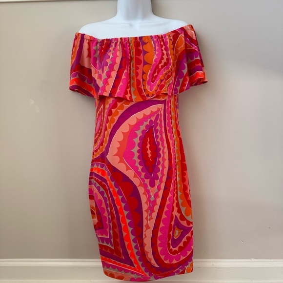 Trina Turk Off Shoulder Paisley Sleeveless Dress Stretch Tropical Boho Vacay S - Picture 1 of 7